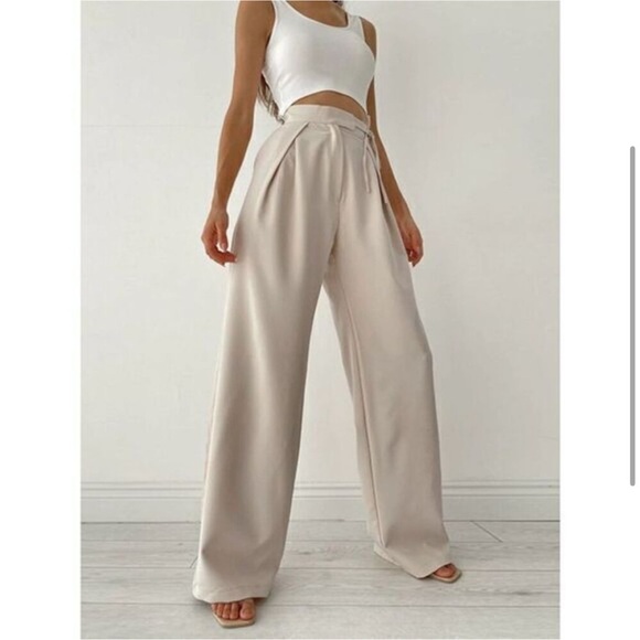 NWT Commense Palazzo Tied Wide Leg Dress Pants Size Small Tan Tie Detail - Picture 2 of 6